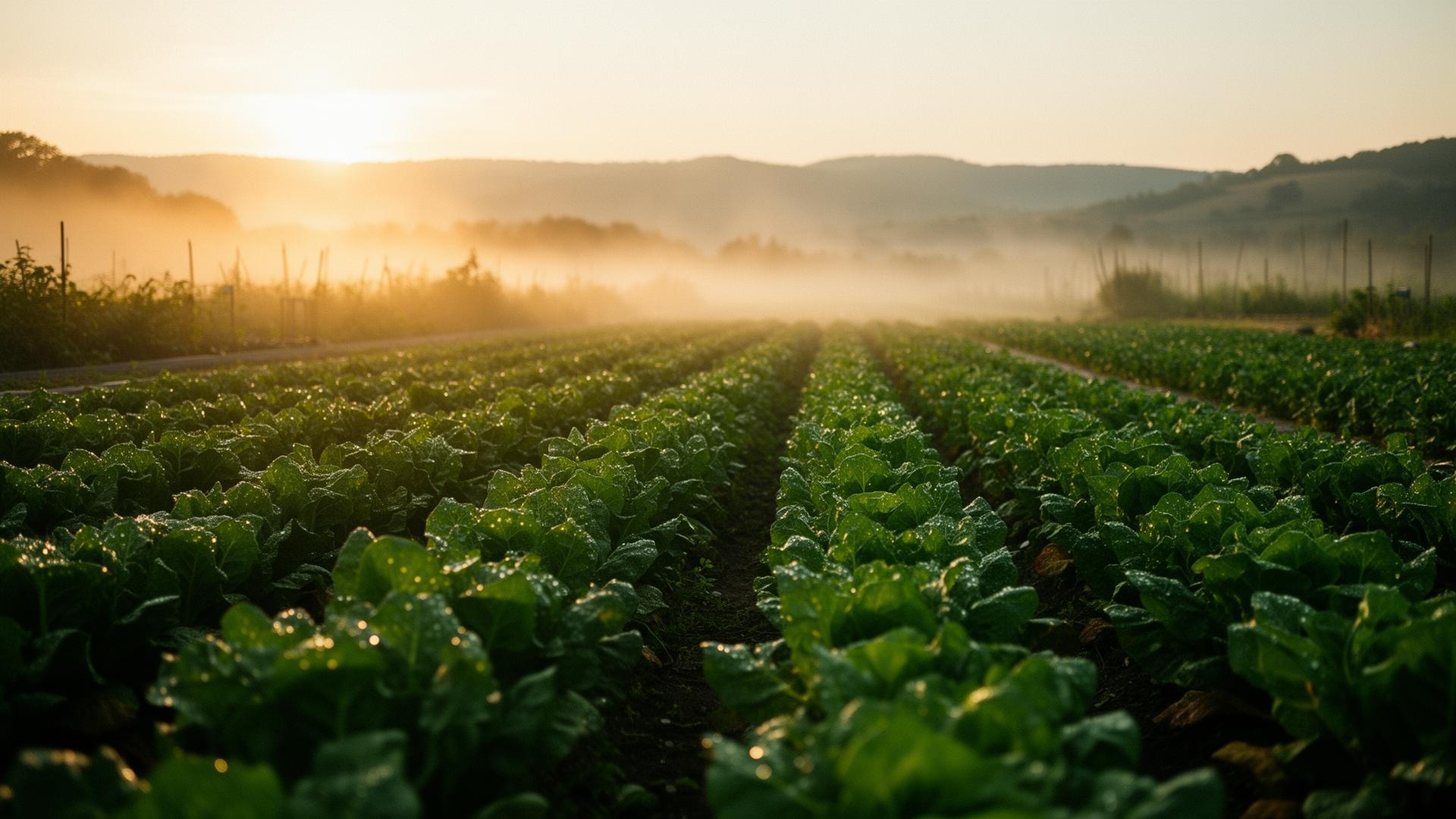 Organic farm at dawn with rows of fresh green crops