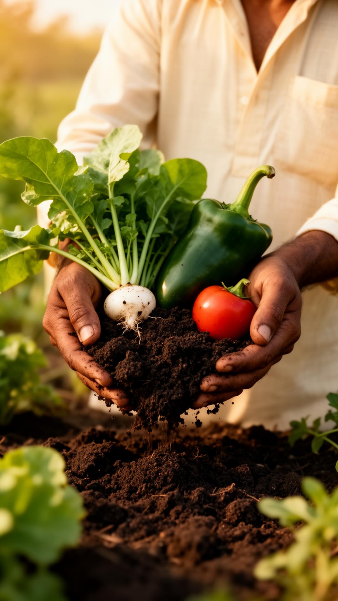 Farmer holding freshly harvested organic vegetables